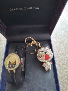 Jessica Carlyle Cat Face Watch & Crystal Cat Keychain - Black & Gold